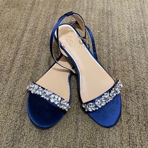 Badgley Mischka Jewel flat sandals. Navy satin with rhinestones. Sz 7.5